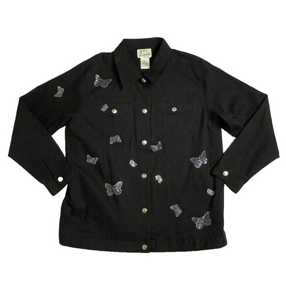 Quacker Factory Jackets & Blazers - Quacker Factory Butterflies Embellished Stretch Black Jean Denim Jacket Coat L